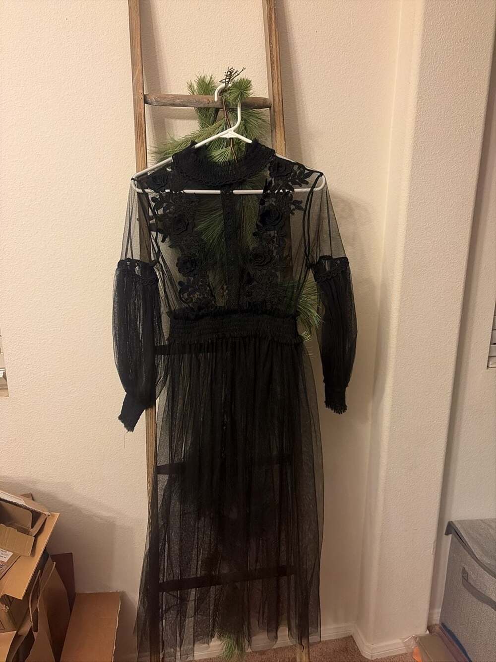 Black Tulle Maxi Dress with Floral Lace Appliqué and Lantern Sleeves